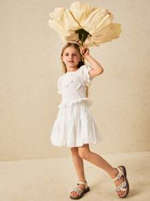 SHEIN Young Girls Elegant Cream Bow Decor Puff Sleeve Top And Mini Skirt Set - White - View 5