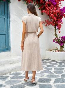 SHEIN Clasi Apricot Striped Cotton Blend V-Neck Short Sleeve Shirt Dress For Women Summer Outfits For Women Business Casual Woman  Office Outfits For Women Teacher Outfits For Women Vacation Outfits Woman  Cruise Outfits Women - Apricot - View 2