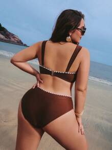 Elaquor 加大码夏季度假海滩撞色边褶饰胸围比基尼套装 - 咖啡棕 - 查看 2