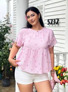 SHEIN EZwear 大码女式夏季休闲条纹蝴蝶结印花衬衫