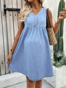 SHEIN Maternity Casual Sleeveless Denim Dress, Blue - Light Wash - View 3