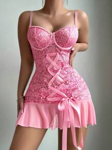 SHEIN 2pcs Set: Ruffled Romantic Lace Contrast Mesh Tie-Up Nightgown + G-String Panty - Pink - View 4