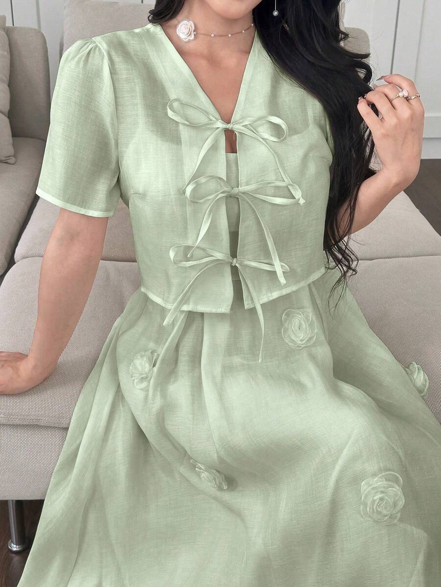 Modelyn 2件套女士3D花卉束腰短袖短款上衣和吊带背心连衣裙 - 綠色 - 查看 1