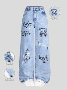 SHEIN ChillGRL Tween Girls Y2K 风格复古水洗效果深色心形和熊图案印花休闲百搭牛仔裤，宽松直筒裤，日常穿着 - 淺色水洗藍 - 查看 3