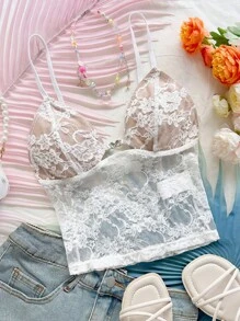 Soleia Top de mujer con tirantes de espagueti y copa triangular de encaje, top corto sexy adecuado para vacaciones, playa, citas, vacaciones, festivales de música, estilo bohemio chic - Blanco - Ver 1