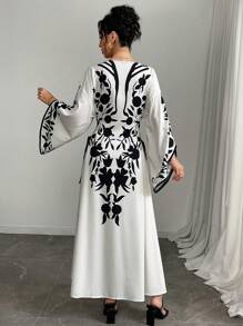 Yasmyna Abito elegante da donna con stampa floreale, maniche a campana con laccetti incrociati sui lati, abito caftan estivo modesto