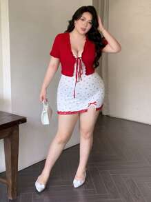 Flirla Plus Size Elegant Solid Color Tied Blouse And Mini Ditsy Floral Dress Two Pieces Set, Summer - Red - View 6