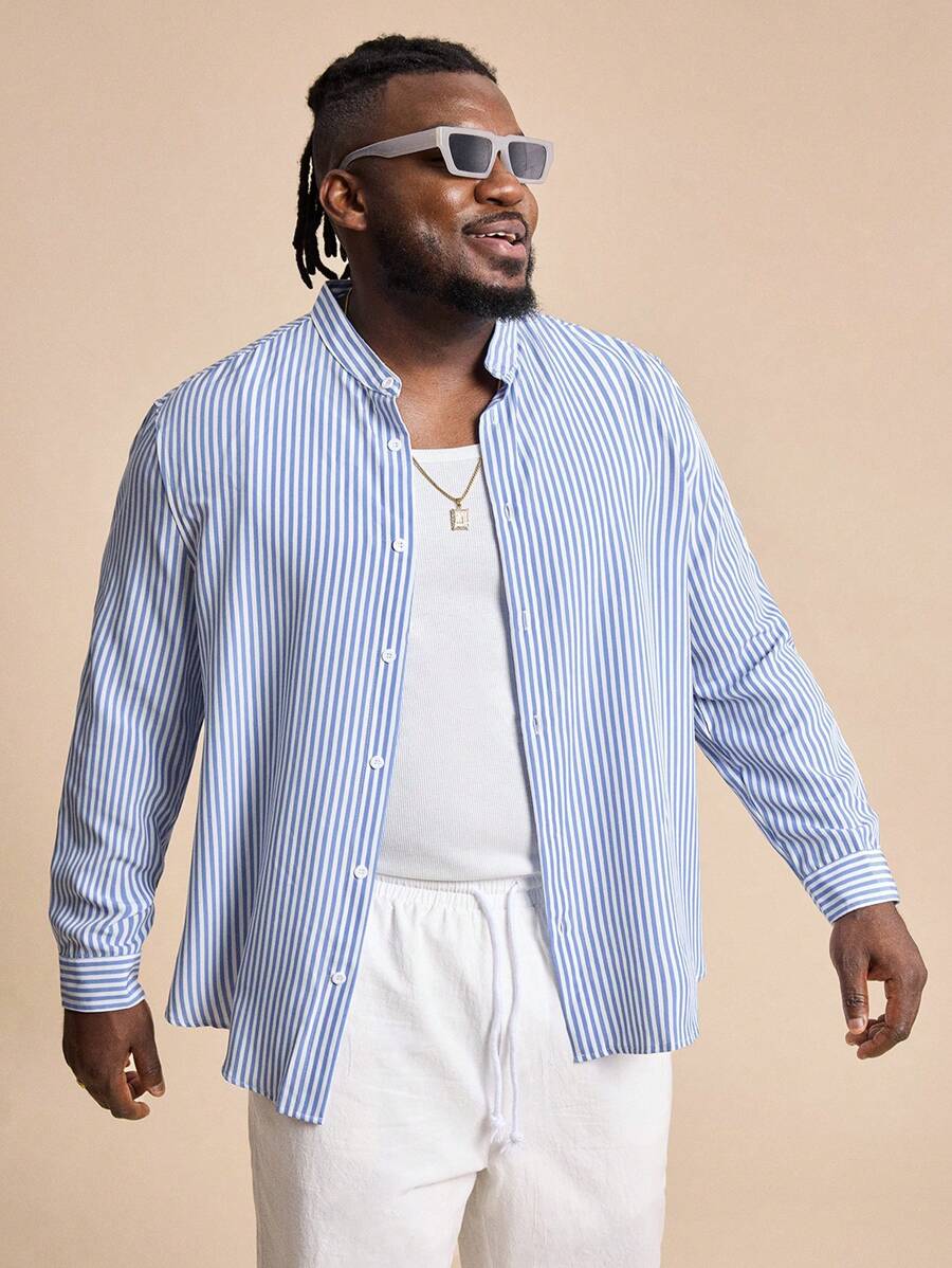 EASEVO Men's Plus Size Casual Striped Long Sleeve Shirt , Button Up Plain Light Blue Going Out - Multicolor - View 1