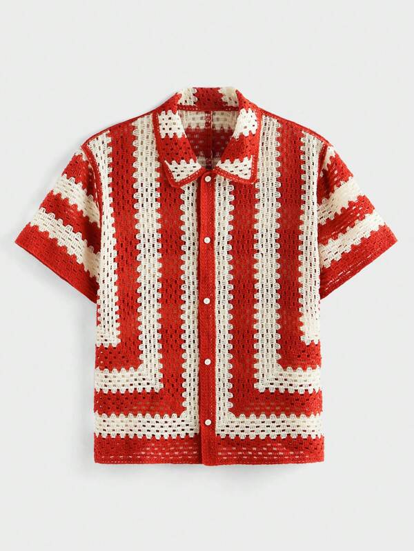 EASEVO Suéter rojo holgado de manga corta y frente abierto de punto para hombre, moda diaria de estilo joven
