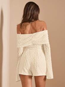 SHEIN BAE Mono de mujer de manga larga, ajustado, texturizado, con hombros al descubierto y drapeado, en unicolor, sexy, para primavera y verano, mono elegante, mono para resort, mono blanco - Albaricoque - Ver 2