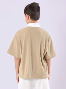 SUMWON 螺紋 Polo 短袖領衫休閒網球裝夏季春季運動校服替代款青少年現代經典日常運動服 - 卡其色 - 查看 2