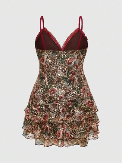 Hippie Women's Vintage Hippie Retro Contrast Color Lace Trim Ruffle Decor Plus Size Dress