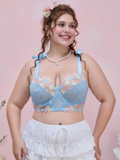 Sweetness Lencería sujetador con cordones, bordado floral y varillas de acero para tallas grandes