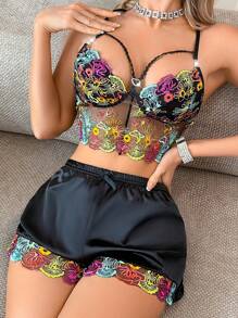 SilkySpell Elegant Vintage Colorful Embroidery Mesh Lingerie Set, Sexy And Sheer - Black - View 6