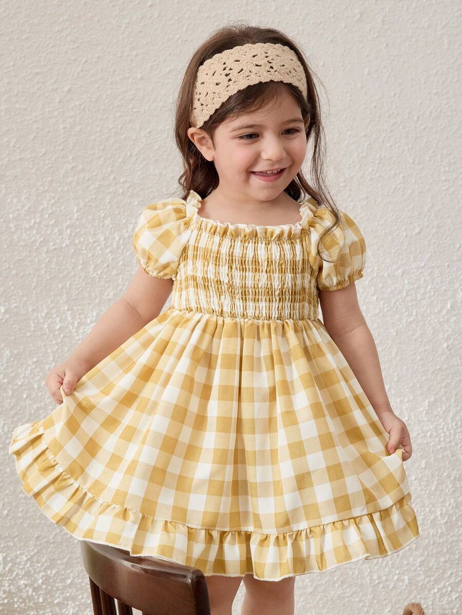 Blossori Baby Girls Countryside Vacation Yellow Plaid Puff Sleeve Pinafore Dress - Multicolor - View 1