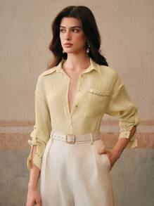 Anewsta 女士梭织串珠宽松优雅经典衬衫，适合老款、端庄、春季 - 黃色 - 查看 3