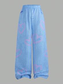 SHEIN 2pcs/Set Teenage Girls Casual Heart Graphic T-Shirt + Heart Print Wide Leg Pants, Elegant Leisure Outfit For Spring, Summer, Autumn, Holiday, School Young Girls Sets Outfit Set Teen