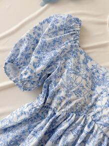 Tween Girls' Blue Ditsy Floral Puff Sleeve Cinched Waist Blouse, Vacation & Countryside Styleholiday,Summer,Travel,Getaway - Blue and White - View 3