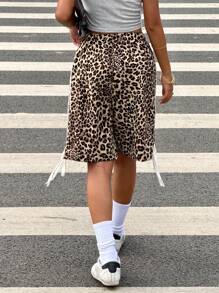 SHEIN Leap Crew Teen Girl Leopard Print Side Bowknot Casual Shorts - Brown - View 2