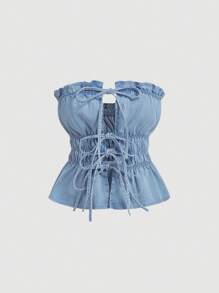 SHEIN MOD Women Casual Fitted Stretch Denim Crop Top With Tie Strap, Blue Mother Day Mother Day Summer Corset Tops For Women Vacation Summer Going Out Tops Women Tops For Summer Boho Top Cute Summer Tops Summer Tops Women Tea Party Top Concert Beach Tops Rave Top - Light Wash - View 5