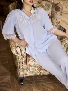 PalaceNights Set de pijamale vintage în stil palat, cu broderie, decolteu în V, mâneci 3/4, cu pantaloni lungi, mărime mare, pentru sezonul de sărbători