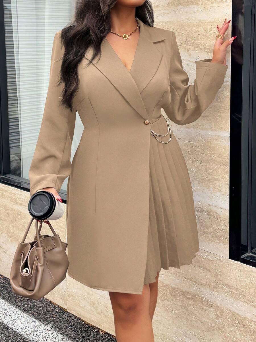 SHEIN Unity Plus Size Women's Solid Color Lapel Neck Long Sleeve Pleated Hem Elegant Commuter Dress, Autumn Fall Cloth For Women - Khaki - View 1