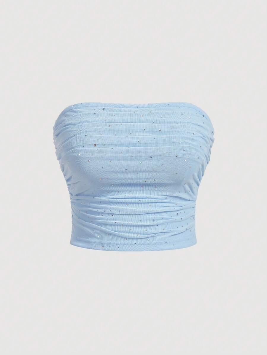 SHEIN MOD 大码女式亮片细节褶饰前开襟无袖短款抹胸上衣，夏季蓝色 - 藍色 - 查看 1