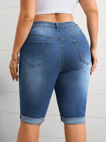SHEIN Essnce Plus Size Fashionable Side Pocket Washed Rolled Hem Denim Shorts, Summer