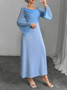 Modelyn 女式混合面料圆领腰A字连衣裙 - 藍色 - 查看 6