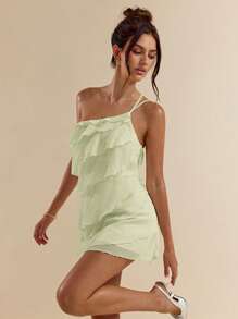 Solid Apricot Mini Dress With Lotus Leaf Overlay Suitable For Daily Dates, Nights Out, Nightclubs, Parties, Meetings, Cocktail Parties, Pool Parties, HAL2 - Mint Green - View 3