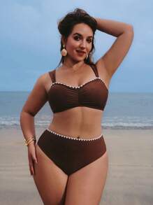 Elaquor 加大码夏季度假海滩撞色边褶饰胸围比基尼套装 - 咖啡棕 - 查看 6