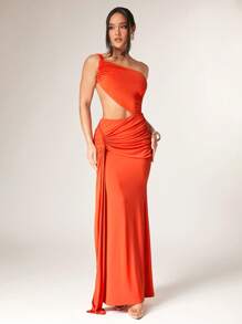 Silquee Orange Pleated Asymmetric Neckline Cutout Waist Design Dress, Suitable For Cocktail Party, Romantic Date, Women's Summer Clothing, Summer Festival, Women's Beach Clothing, Women's Elegant Clothing, Women's Summer Sleepwear, Graduation Dress, Graduation Dress, Women's Elegant Clothing, Ibiza Clothing, Carnival Clothing Festival/Carnival, Summer Festival Beach Vacation - Burnt Orange - View 8