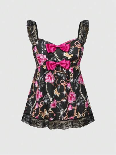 J-Fashion Débardeur grande taille pour femmes avec imprimé poupée, patchwork de dentelle et décoration de chaîne dans le style rétro Y2K et subculture Harajuku