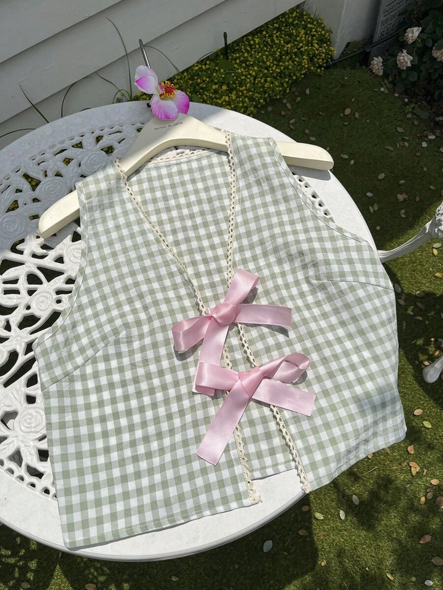 Comfortcana Summer Green Check Tie Front Bow Sleeveless Shirt - Green - View 1