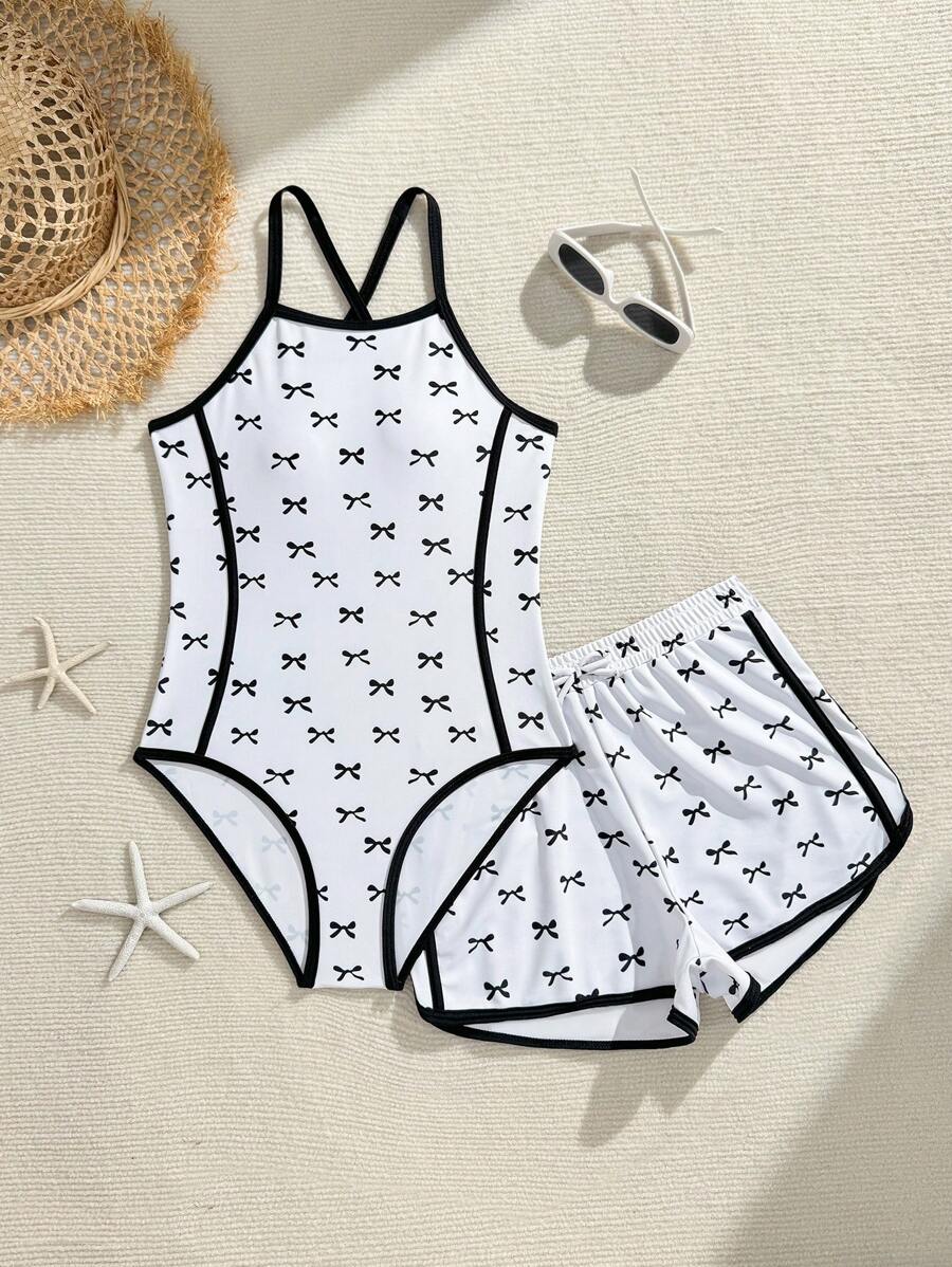 Girls Bowknot Printed 1-Piece Swimsuit & Trunks Set, Sweet & Fashionable On White Background - White - View 1