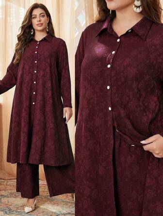 Mulvari 2 件纹理提花撞色纽扣大码休闲套装 2 件套