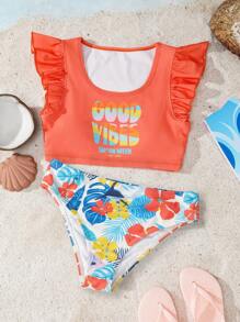 Shark Week X SHEIN 少女荷叶边袖橙色上衣和热带花卉印花下装比基尼套装，节日风格 - 橘色 - 查看 4