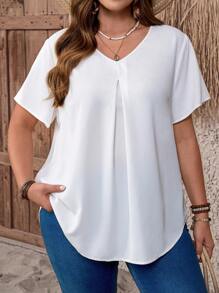 EMERY ROSE Blusa holgada de manga corta con cuello en V y pliegues de talla grande, para looks casuales de día de campo o vacaciones. Simple y de moda para uso diario. Blusas de verano para mujer, outfits de verano para mujer