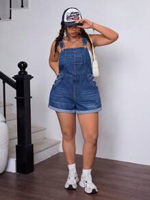 SHEIN ICON Fashionable & Versatile Washed Non-Stretch Denim Jumpsuit
