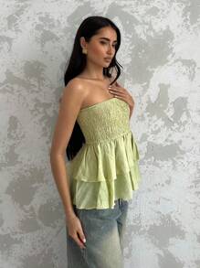 Glamine Áo Bandeau xếp ly co giãn có họa tiết - Màu xanh Ô liu - Xem 3