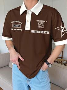 SHEIN Leap Crew Teen Boy Loose Drop Shoulder Casual Cool Star, Text, Pattern Print Polo Shirt, Suitable For Summer - Multicolor - View 1