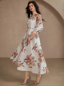 DAZY Vestido midi de mujer con estampado floral elegante, vestido de manga larga para primavera/otoño