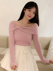 DAZY Women's Solid Color Bow Casual Fitted Sweater,Fall Women Clothes - Baby Pink - View 5