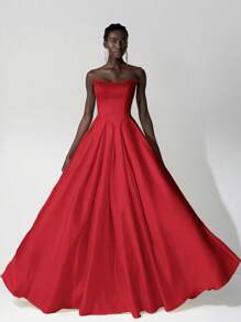 Elitara 女士优雅浪漫缎面抹胸，搭配超大喇叭褶皱围裙，后系带可调节，工艺精湛，适合派对、宴会、约会、婚礼宾客穿着 - 紅色 - 查看 1