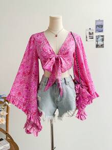 Soleia V-Neck, Ribbon Tie, Bell Sleeve, Print Shirt