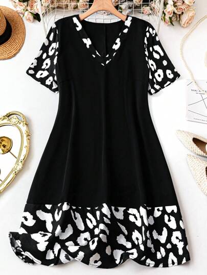 EMERY ROSE 大码休闲豹纹拼布连衣裙