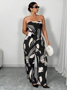 Celure 大码女式两件套热带植物印花抹胸和裤子，休闲假日复古浪漫风格夏季