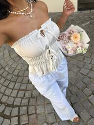 Sunnyshic White Lace-Up Hollow Ruffle Trim Bustier Top For Women