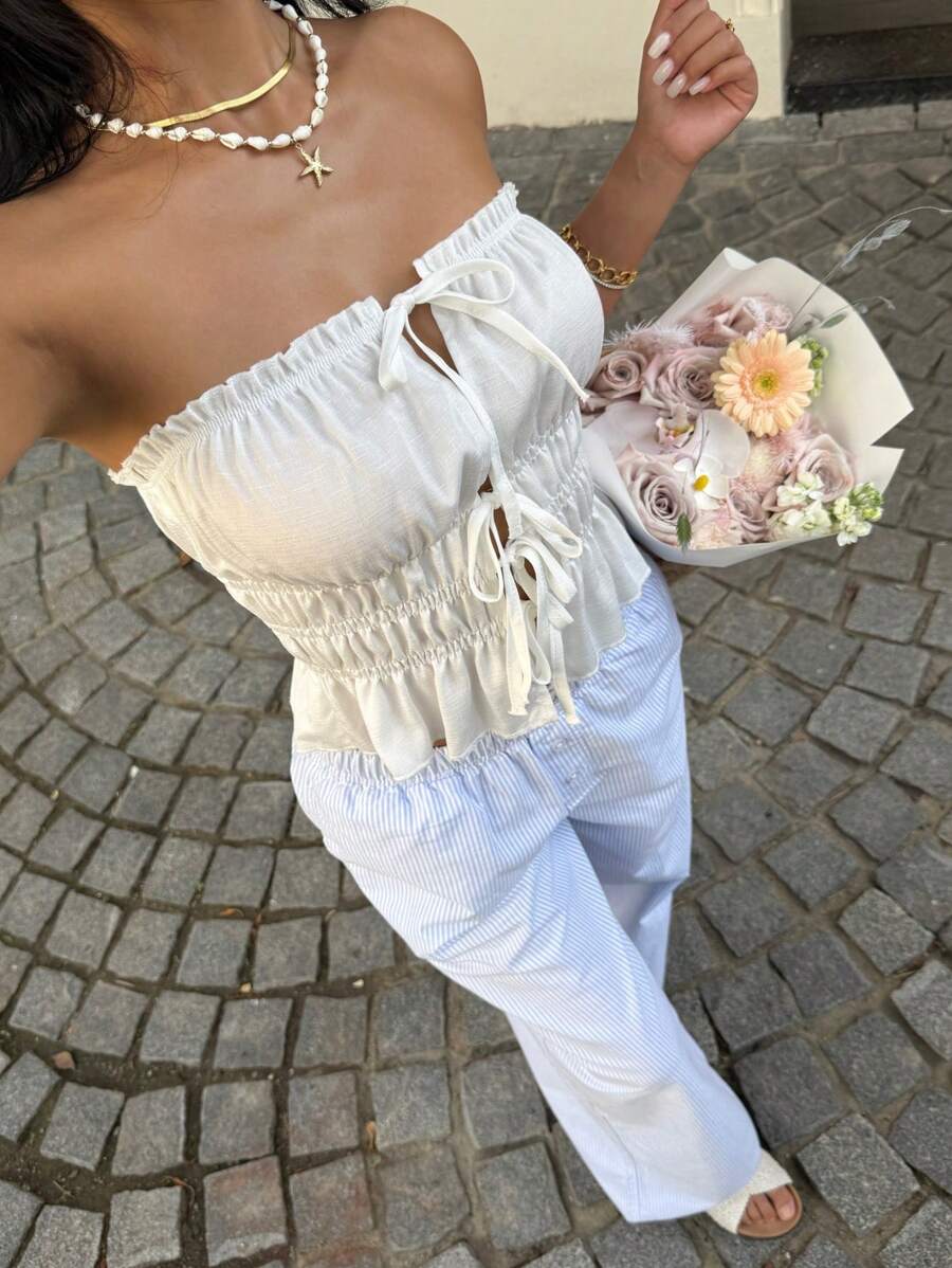 Sunnyshic White Lace-Up Hollow Ruffle Trim Bustier Top For Women - White - View 1