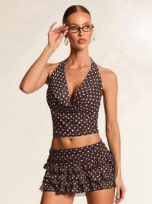 Glamine 海军蓝和白色波尔卡圆点针织优雅性感简约高弹力垂坠领无袖细肩带复古波尔卡圆点印花女式吊带背心 - 棕色 - 查看 1